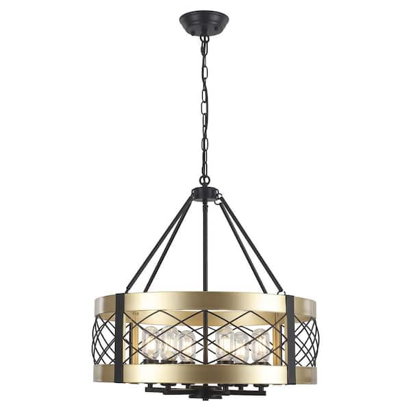6-Light Black and Gold Adjustable Dining Room Chandelier, Farmhouse Chandelier with Metal Shade