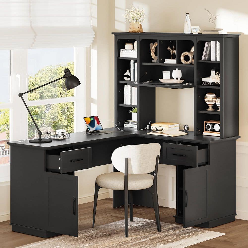 65 in. Black L-Shaped Computer Desk with 2 Cabinets and 2 Drawers, 11 Open Shelves, Power Outlet for Room