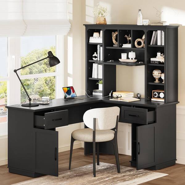 IDEAGLE 59 in. L-Shape Antiqued White Wood Home Office Desk