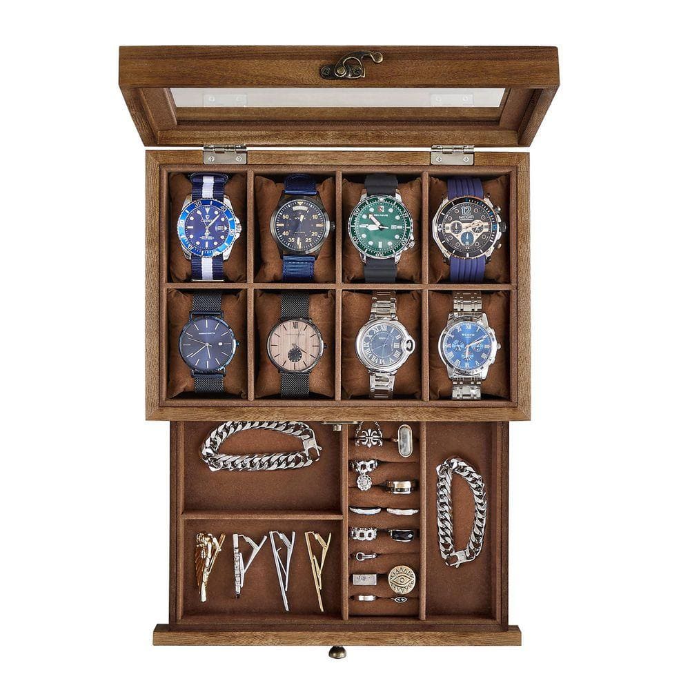 8-Slot Wooden Watch Box, 2-Tier Display Case with Glass Lid & Velvet ...