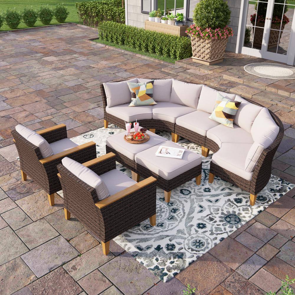 PHI VILLA Brown 9-Piece Rattan Steel Wicker Outdoor Sectional, 4 Curved Sofas, 2 Ottomans 13 Seat with Beige Cushions