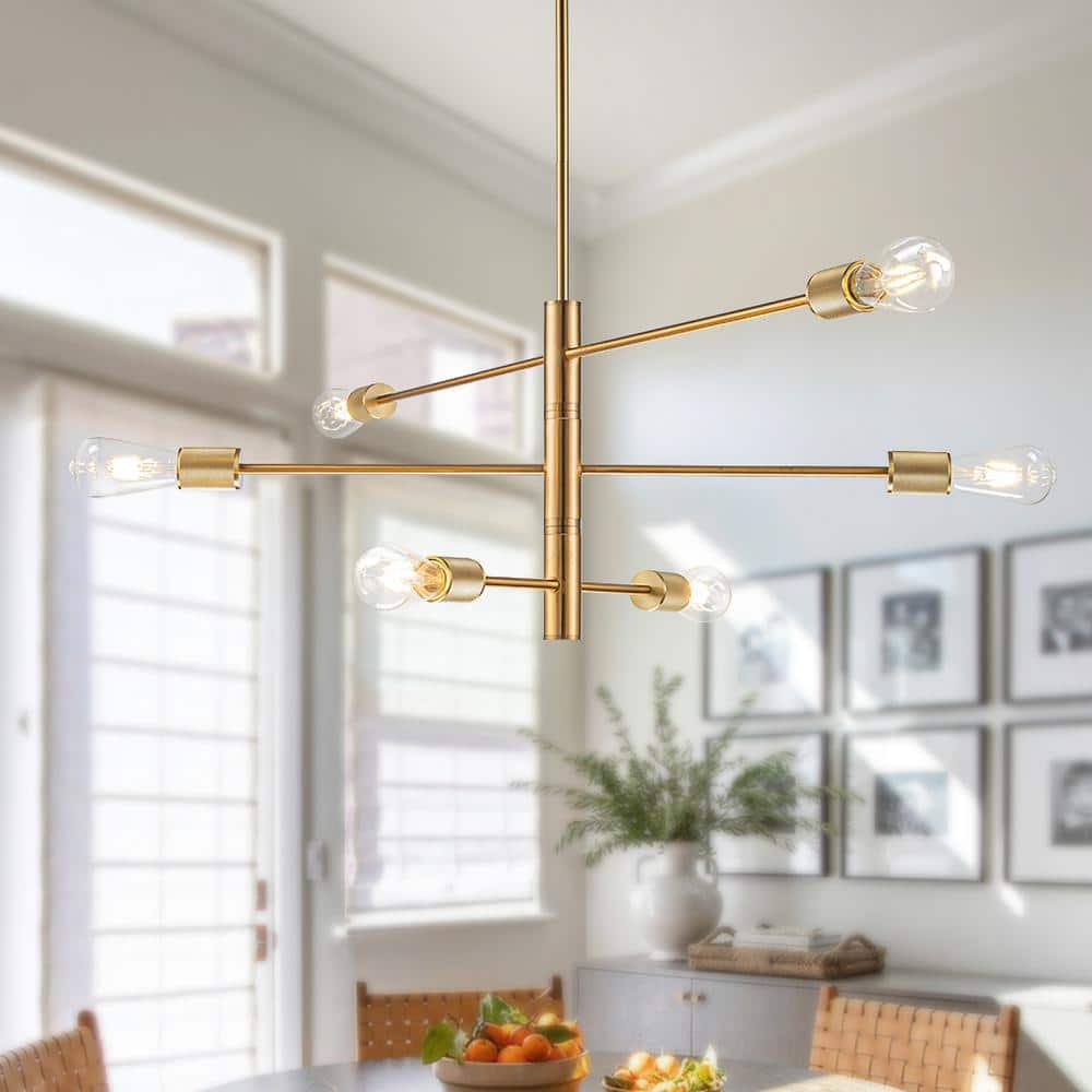 47 in. 6-Light Mid-Century Modern Sputnik Chandelier in Brass Industrial Li