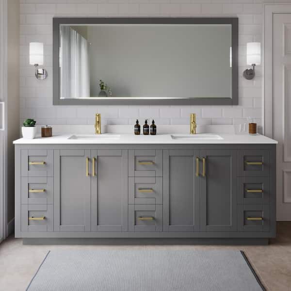 Wyndham Collection Miranda 84 in. W x 22 in. D x 33.75 in. H Double Sink Bath Vanity in Dark Gray with White Cultured Marble Top and Mirror