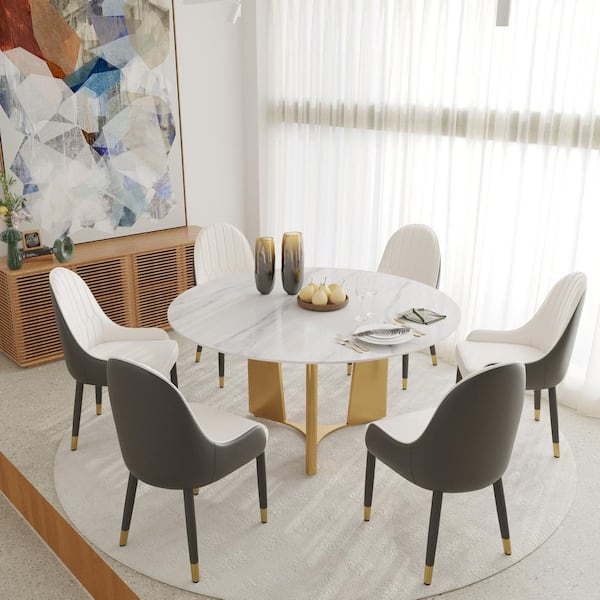 Magic Home 59.05 in. White Sintered Stone Tabletop with Gold Pedestal Base Dining Table (Seats-8)