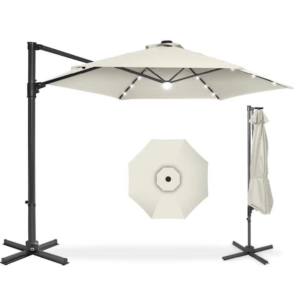 Ivory 10 ft. Solar LED Cantilever Patio Umbrella with Rotating Crank and Tilt