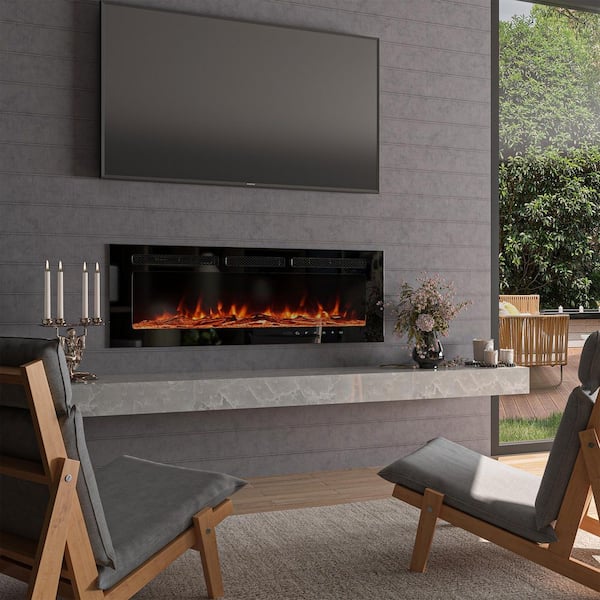 50 in. Wall-Mounted or Recessed Electronic Fireplace Insert with Adjustable Flame in Black