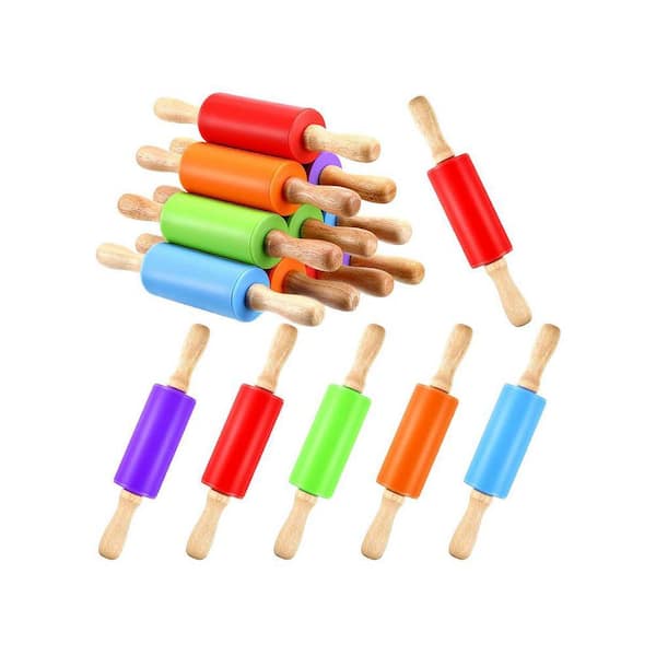9 Inch Silicone Wooden Multi Color Mini Rolling Pin with Non Stick Handle for Kids Baking Dough Pastry 10-Pack