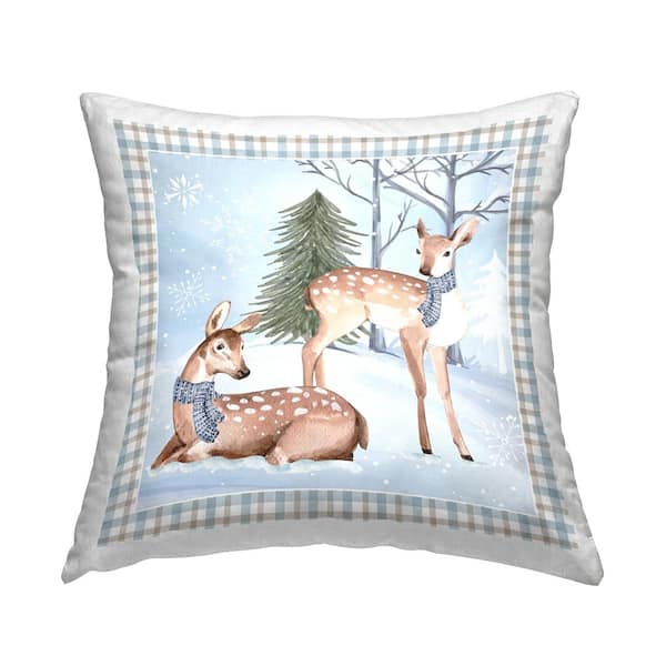 Stupell Industries Deer Wildlife Winter Gingham Blue Plaid Polyester 18in. X 18in. Throw Pillow