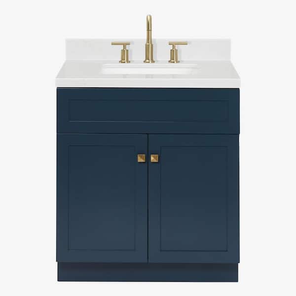 Hamlet 30 in. Single Sink Freestanding Bathroom Vanity in Midnight Blue with Carrara White Quartz Top