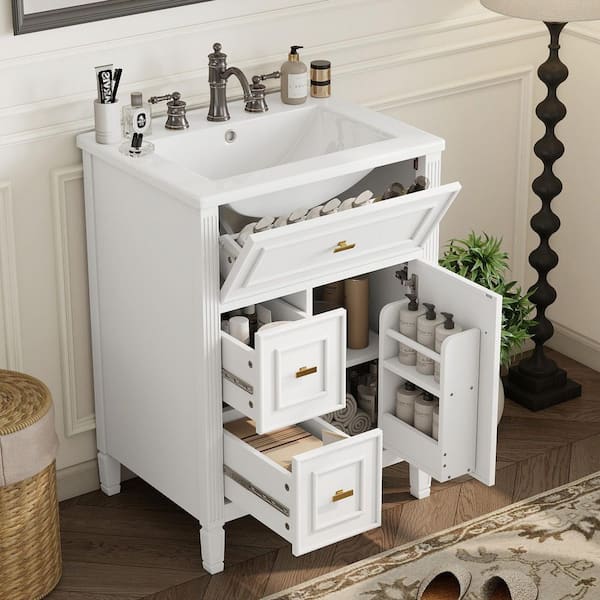 24 in. Freestanding White Bath Vanity with White Ceramic Top, Flip Drawer, Adjustable Shelf, Unassembled