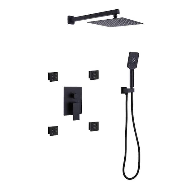 FLG Single Handle 3-Spray Shower Faucet 1.8 GPM with Pressure Balance Wall Mount Shower System with Body Jets in Matte Black