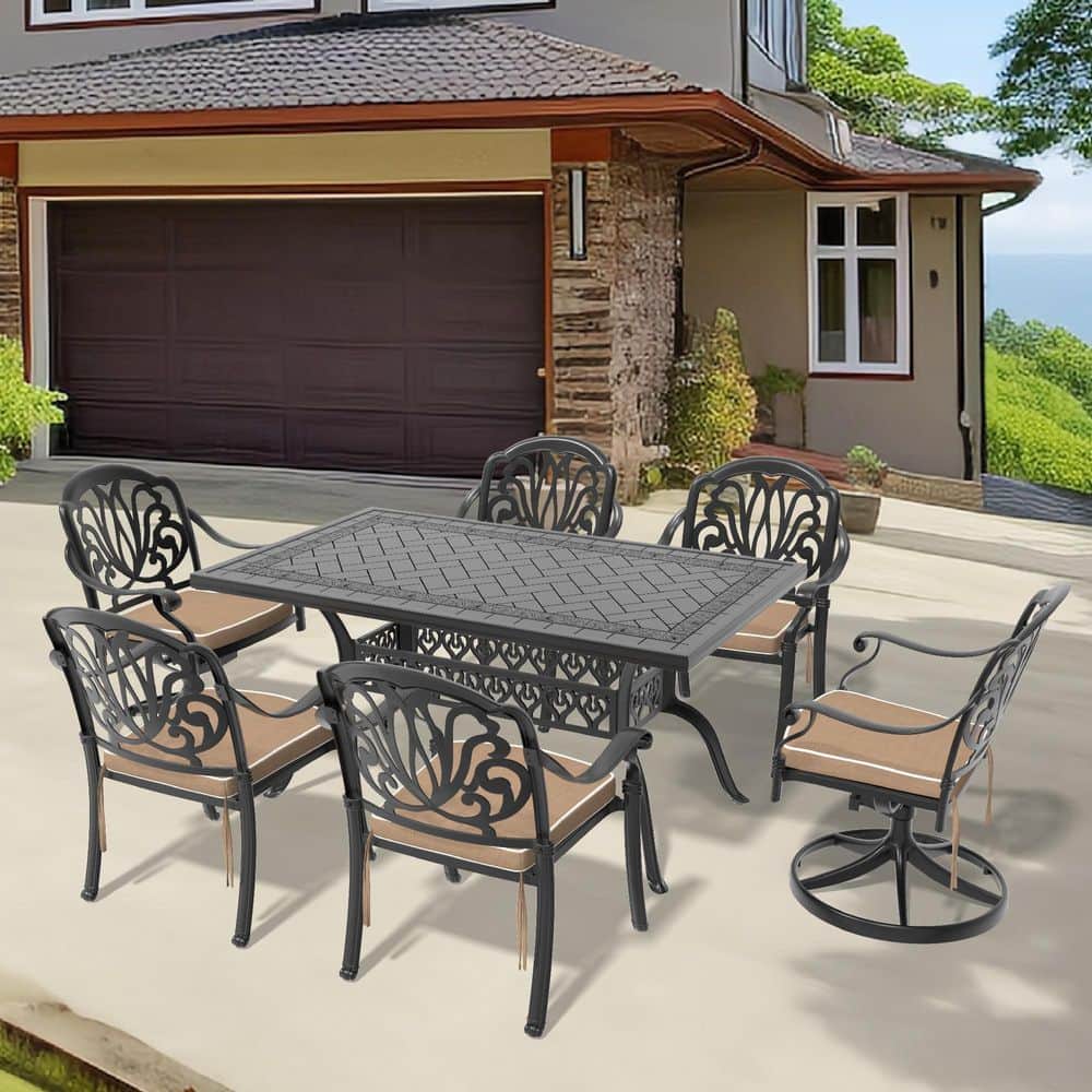 Black 7-Piece Cast Aluminum Rectangular Outdoor Dining Set with Swivel Chairs and All-Weather Cushions price history on PriceWatchPro