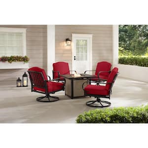 Laurel Oaks 5-Piece Black Steel Outdoor Patio Fire Pit Seating Set with CushionGuard Chili Red Cushions