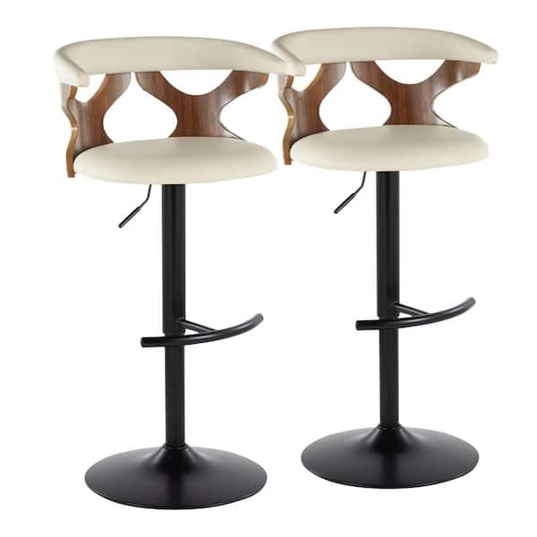 Lumisource Gardenia 32.5 in. Cream Faux Leather, Walnut Wood and Black Metal Adjustable Bar Stool (Set of 2)