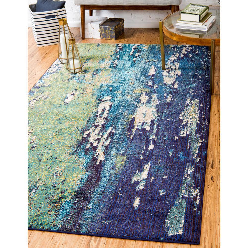 Navy Blue and Green Abstract Rectangular Area Rug
