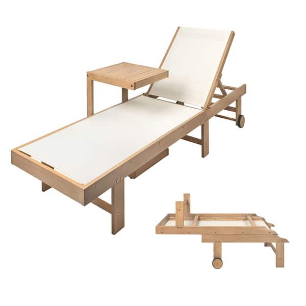 Trabuco Acacia Wood Mesh 5-Position Outdoor Foldable Chaise Lounge Set with Side Table, White/Light Teak