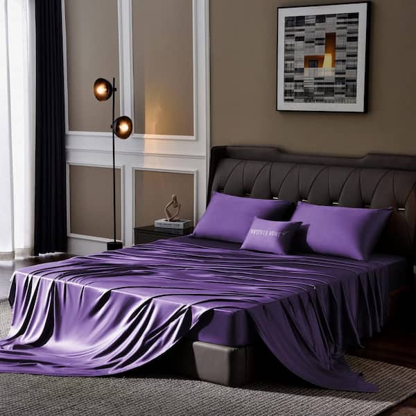 Angel Sar 4-Piece Purple Queen Luxury Cooling Bed Sheets, Soft & Breathable Hotel Sheet Sets with 16 in. Extra Deep Pocket