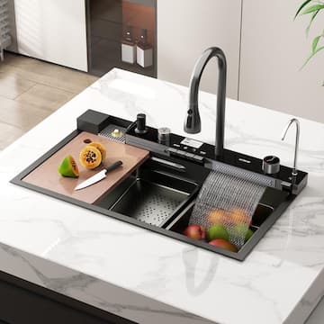 FUFU&GAGA 31.5 in. Drop-in Single Bowl Black 304 Stainless Steel Kitchen Sink Flying Rain Waterfall, Pull-Down Faucet Kitchen Set KF210310-01