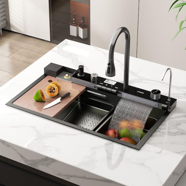 31.5 in. Drop-in Single Bowl Black 304 Stainless Steel Kitchen Sink Flying Rain Waterfall, Pull-Down Faucet Kitchen Set