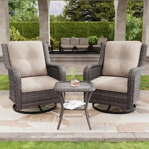 3-Piece Wicker Patio Swivel Outdoor Rocking Chair Set with Beige Cushions and Table