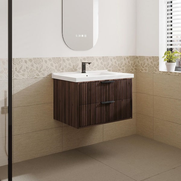 MEDUNJESS VLeaf 30 in. W x 19 in. D x 19 in. H Single Sink Wall Hung Bath Vanity Cabinet in Dark Walnut with White Ceramic Top