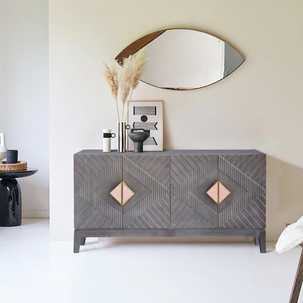 THE URBAN PORT Abiel 55 in. Gray Mango Wood Top Sideboard Buffet Cabinet Console with 4-Doors and Ornate Diamond Carving
