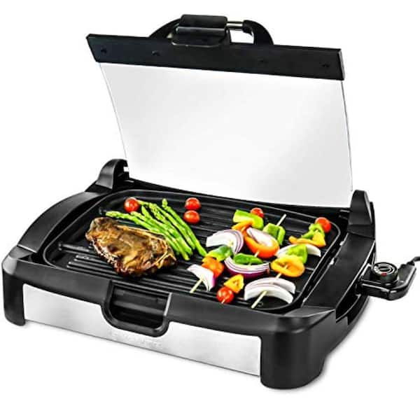 OVENTE Reversible Grill and Griddle, Heat-Tempered Glass Lid with Temperature Control Knob and Drip Tray