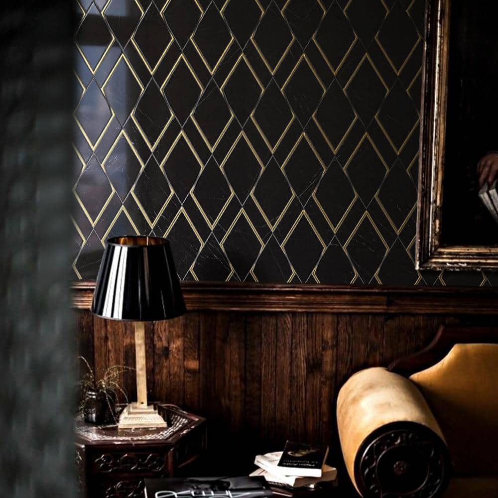 Black and Gold Geometric Polished Marble Mosaic Wall Tile