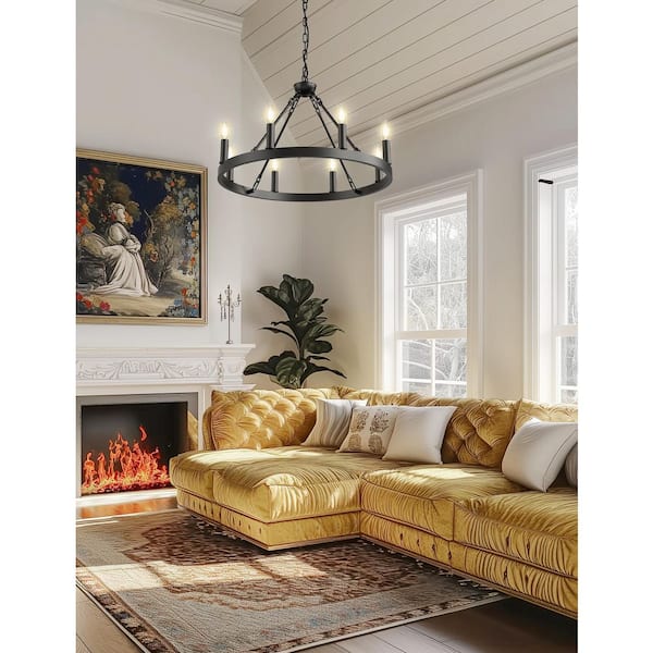 8-Light Black Wagon Wheel Chandelier for Living Room Dining Room Foyer Candle Chandelier