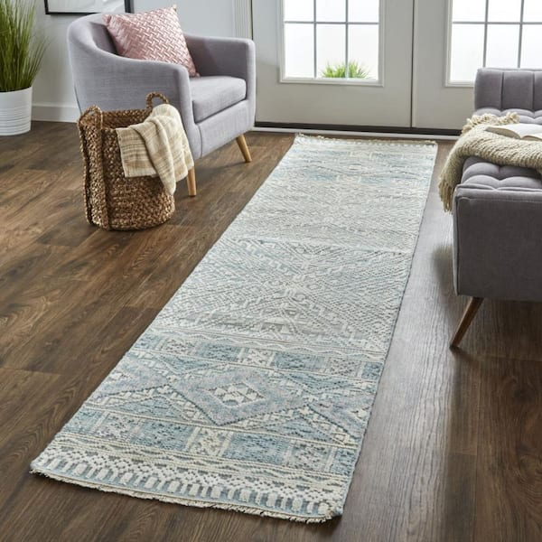 2 ft. x 8 ft. Ivory, Blue Geometric Runner Rug