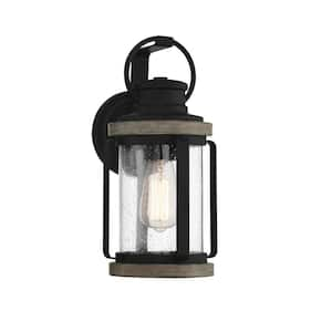 Parker 7.5 in. W x 14.5 in. H 1-Light Lodge Hardwired Outdoor Wall Lantern Sconce with Clear Seeded Glass Shade