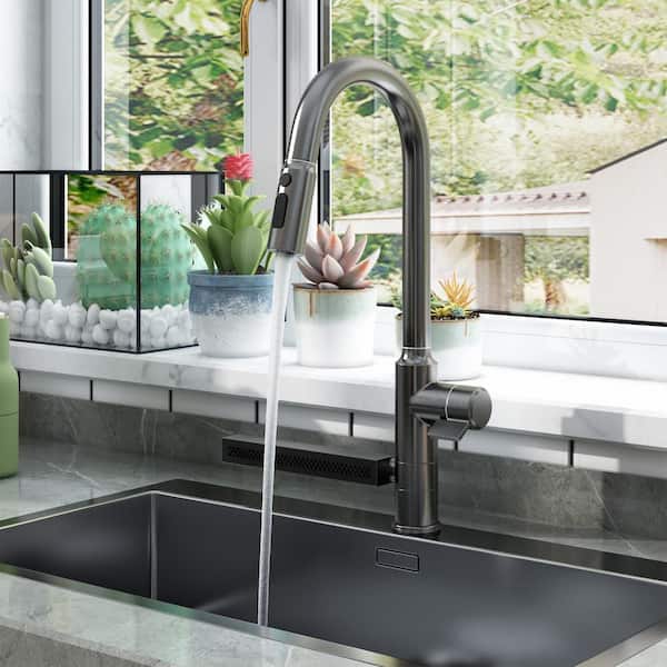 FUFU&GAGA Commercial Modern Single Handle Faucets for Kitchen Sinks with Pull-Down Sprayer Kitchen Faucet in Gun Gray