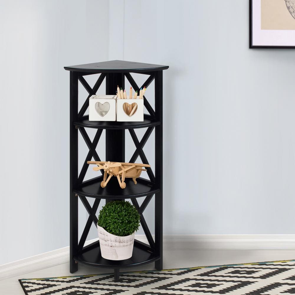 Black Wood 4-Shelf Corner Folding Bookcase