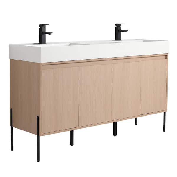 Crownpoint 60 in. Freestanding Double White Oak Bathroom Vanity with White Acrylic Sink Top Unassembled