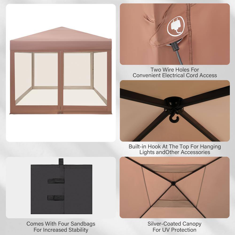 10' x 10' Brown Pop-Up Canopy Tent with Netting and Carry Bag