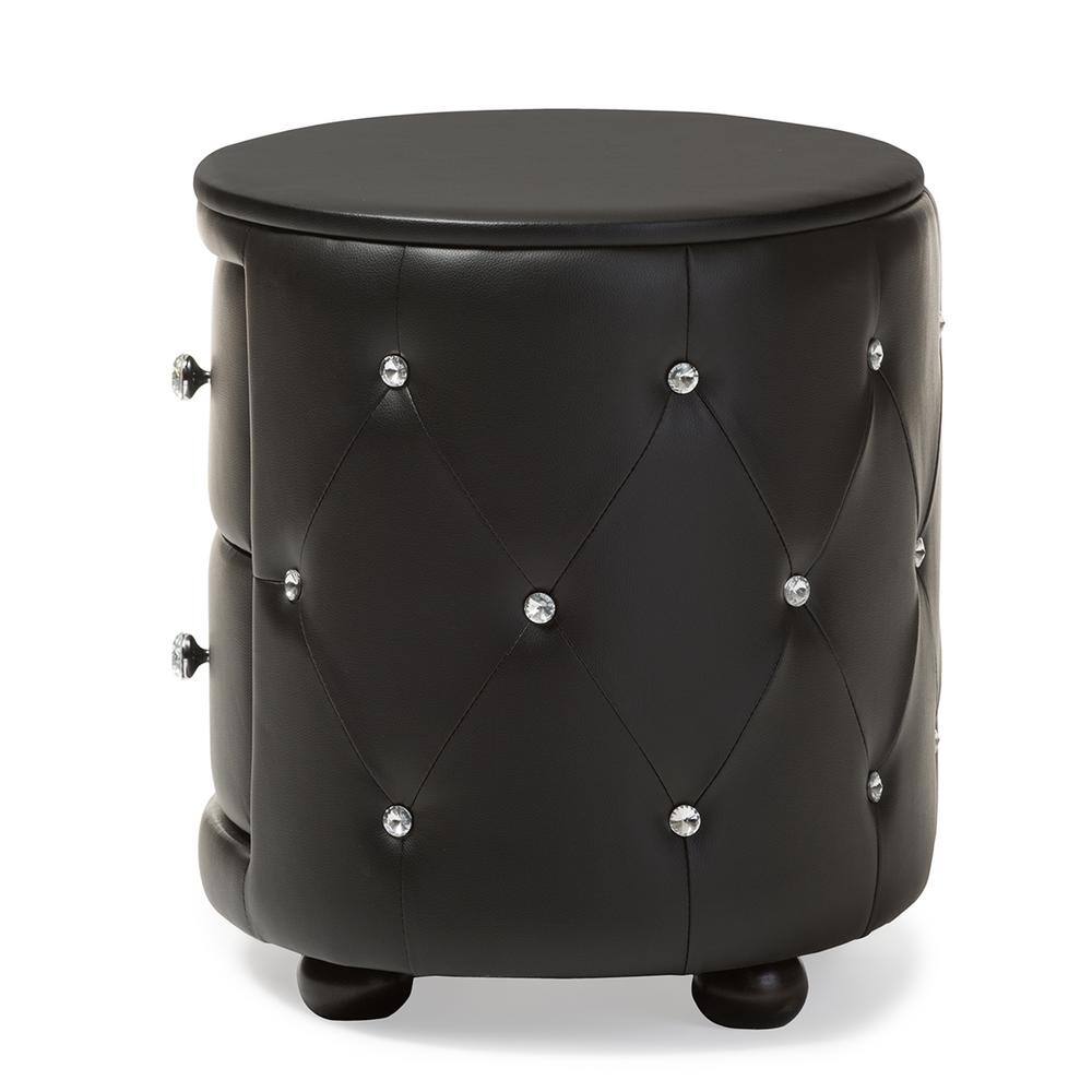 Davina Glam Black Faux Leather Tufted Nightstand with Crystal Knobs