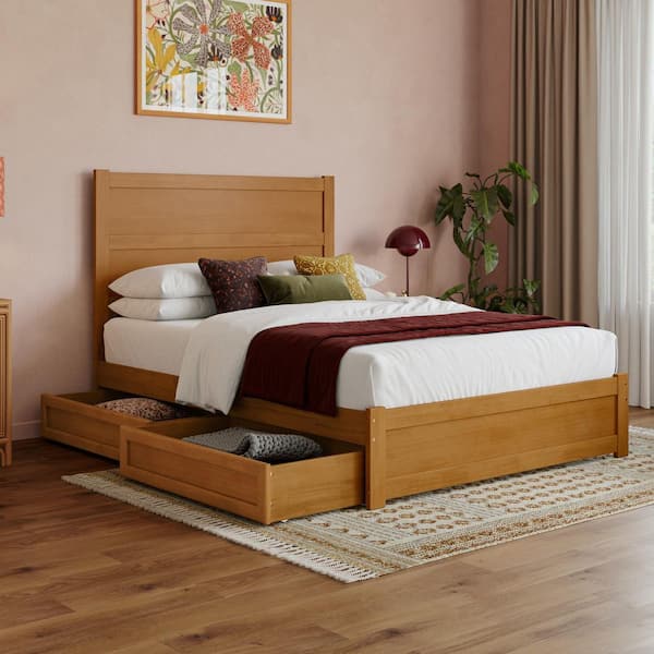 Aveline Light Toffee Natural Bronze Wood Frame Full Platform Bed with Matching Footboard and Storage Drawers