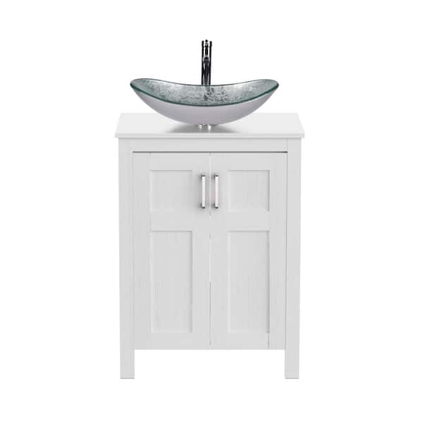 Puluomis 24 in. W x 18.1 in. D x 31.7 in. H Single Sink White Bath Vanity with White Solid Surface Top Silver Sink