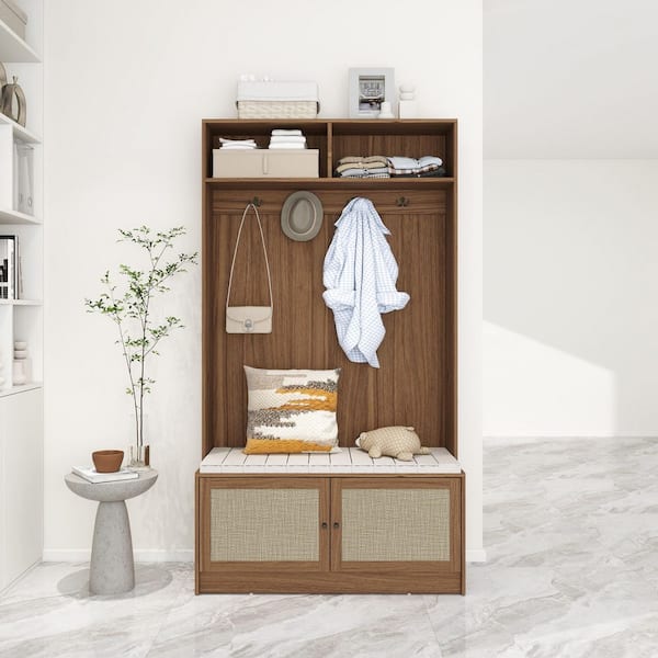 Zeus & Ruta 39.37 in. W x 15.75 in. D x 70.98 in. H Brown Wood Hall Tree with Bench and Hooks for Living Room, Entryway, Bedroom