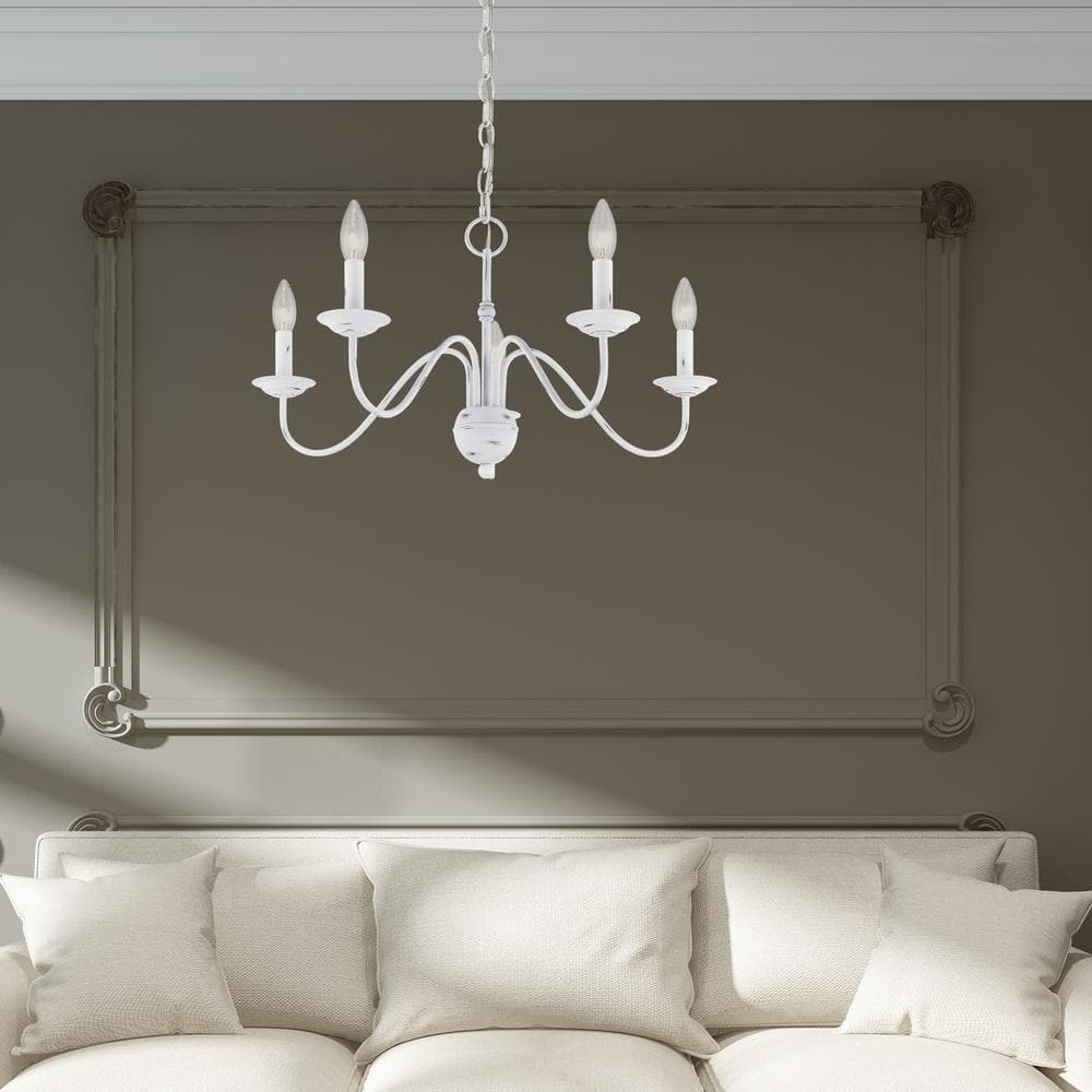 Antique White Elegance 5-Light Steel Chandelier with Candelabra Base