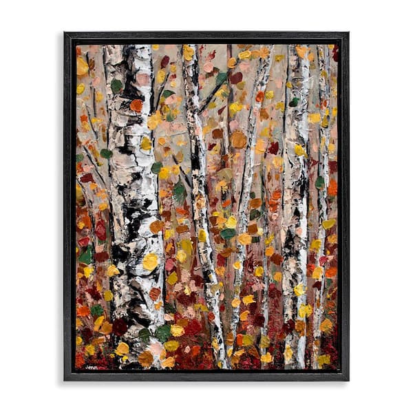 Stupell Industries Autumn Birch Trees Abstract Leaves by Jen Seeley 1-Piece Black Floater Frame Nature Graphic Art Print 21 in. x 17 in.