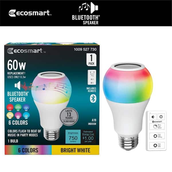 60-Watt Equivalent A19 E26 Base CEC Bluetooth Speaker 6 Colors and Bright White LED Light Bulb with Remote (1-Pack)