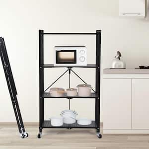 4-Tier Heavy Duty Foldable Metal Rack Storage Shelving Unit with Wheels, Moving Easily in Black