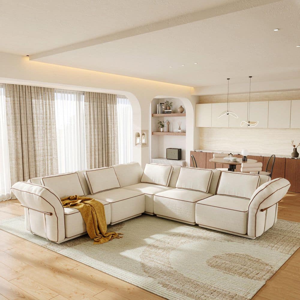 Camelot 129 in. Pillow Top Arm Fabric Modular Sectional Sofa Living Room Couch with Removable Washable Cover in Beige