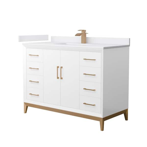 Wyndham Collection Amici 48 in. W x 22 in. D x 35.25 in. H Single Bath Vanity in White w/Satin Bronze Trim with White Cultured Marble Top
