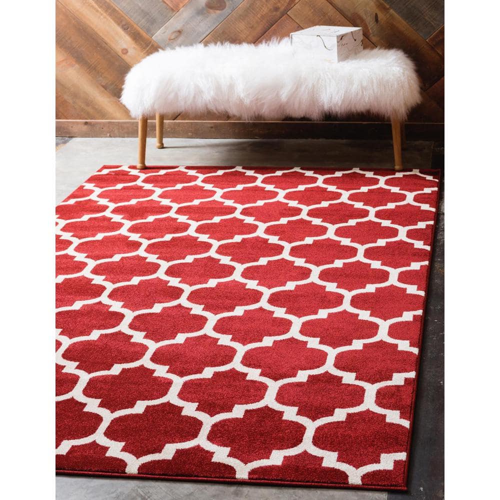 Red and Orange Synthetic Trellis Indoor Area Rug