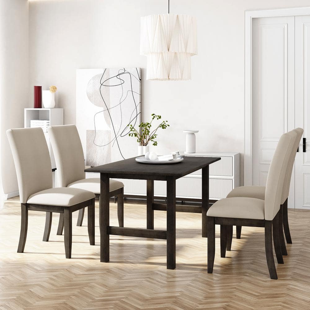 Harper & Bright Designs Farmhouse 5-Piece Beige Wood Top Dining Table ...