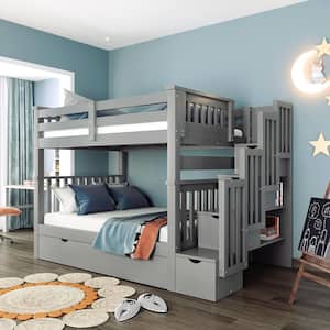 Detachable Style Gray Full over Full Wood Bunk Bed with Storage Staircase, 6-Drawer, Shelves
