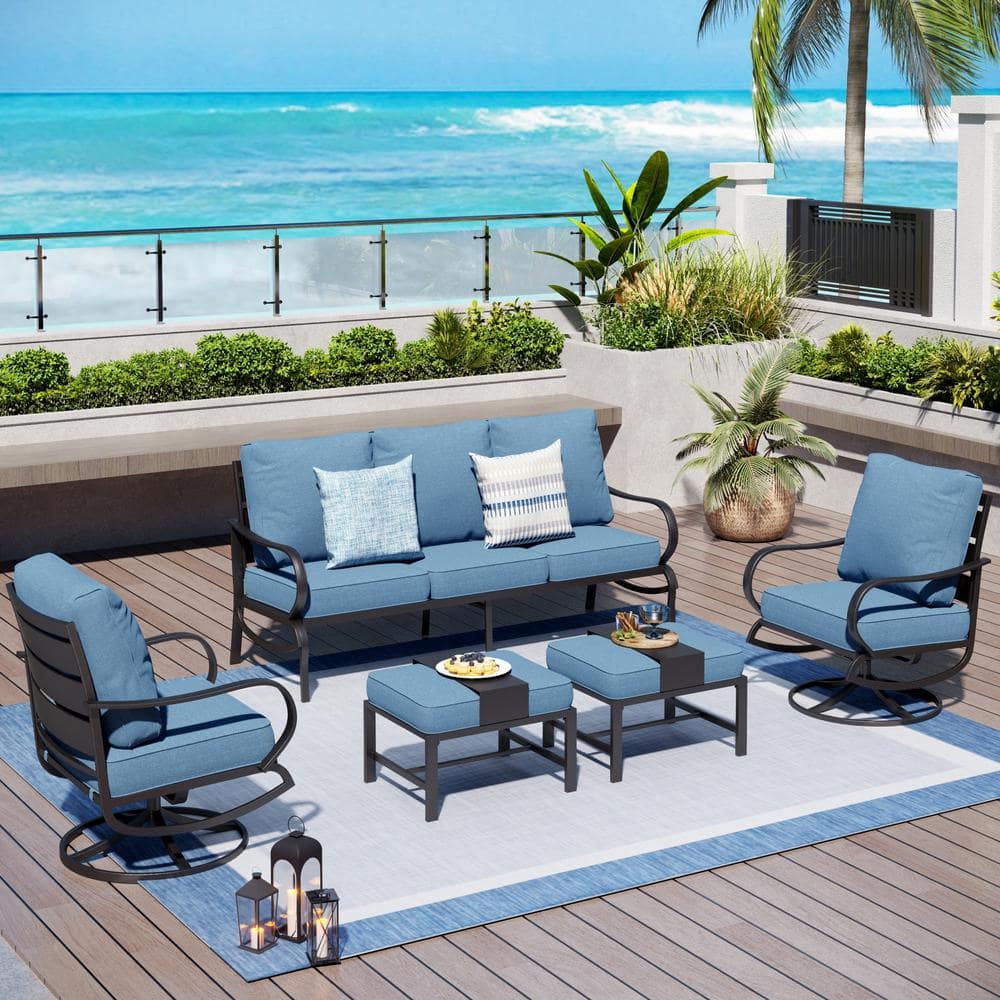 PHI VILLA Black 5-Piece Metal Slatted 7-Seat Outdoor Patio Conversation Set with Denim Blue Cushions, 2 Swivel Chairs, 2 Ottomans DC5-GF1434556NY - The Home Depot