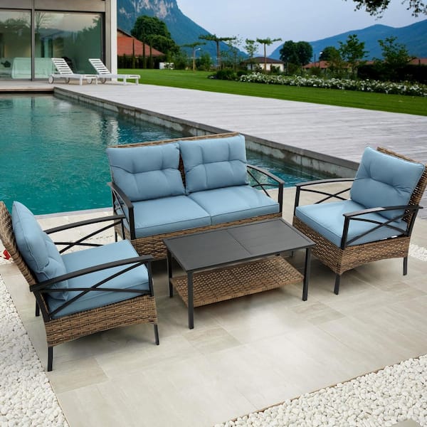 Tenleaf 4-Piece Black Metal All-Weather Patio Conversation Set with Blue Cushions, Coffee Table